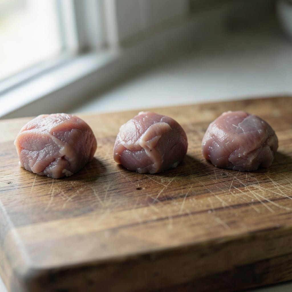 Three chops of different thickness, ready to be tested